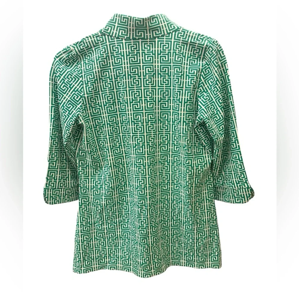 Katherine Way Green and white Greek Key Geometric Print 3/4 sleeve - Picture 2 of 7